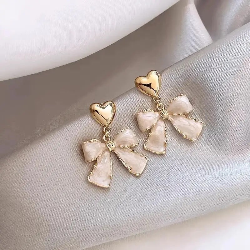 Gold Bow Heart Drop Earrings