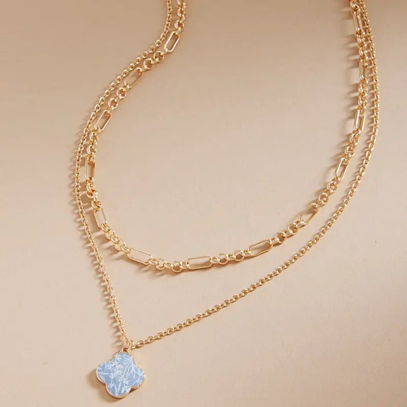 Floral Print Enamel Clover Layer Necklace