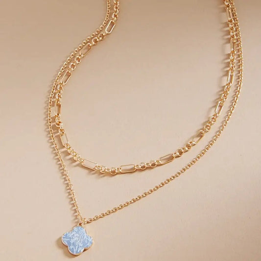 Floral Print Enamel Clover Layer Necklace