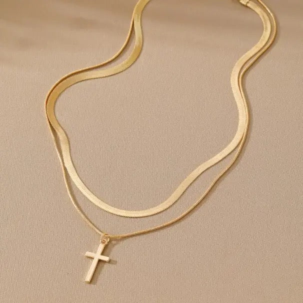 Double Layer Snake Chain Cross Necklace