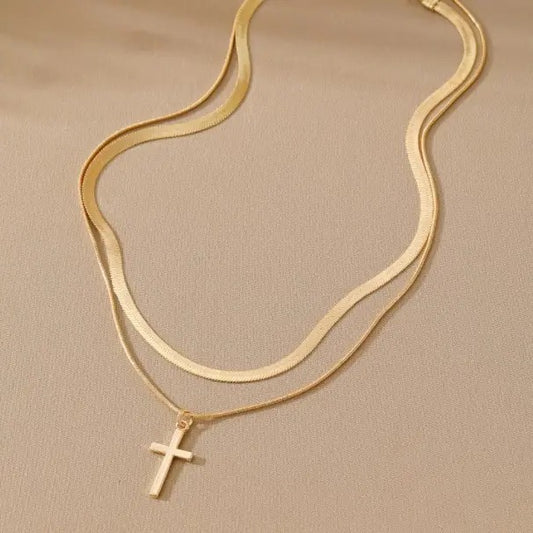 Double Layer Snake Chain Cross Necklace