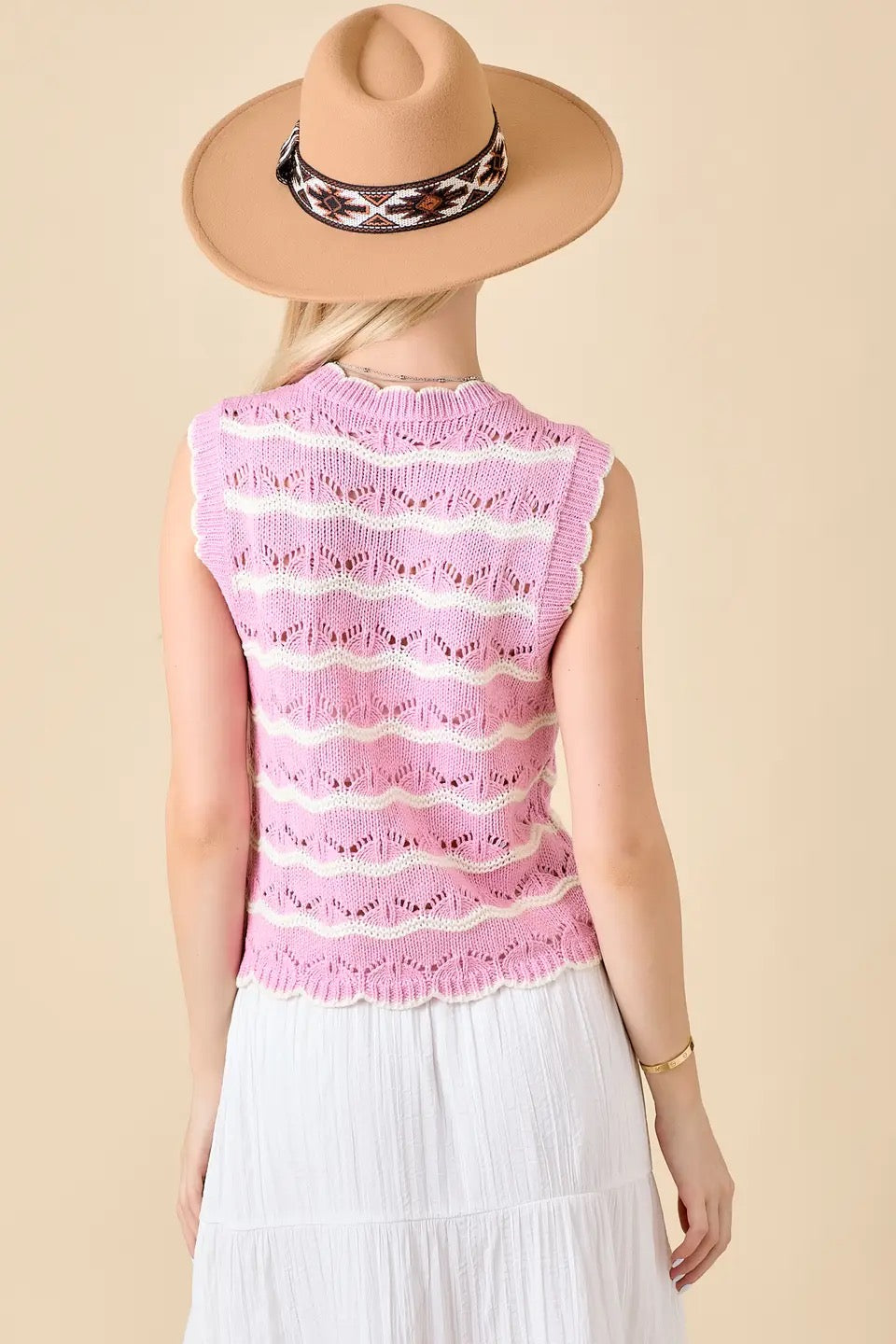 Pink Crochet Front Tie Sweater Vest