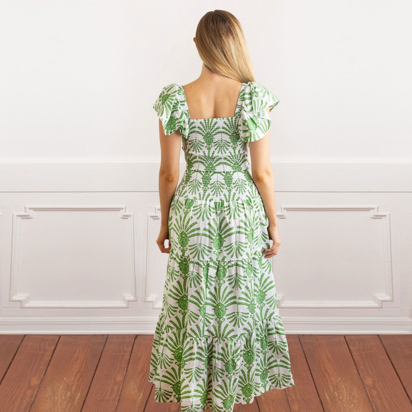Green Deco Palm Smocked Flutter Sleeve Top & Skirt Set