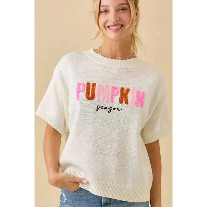 Short Sleeve Pumpkin Season Embroidered Knit Top