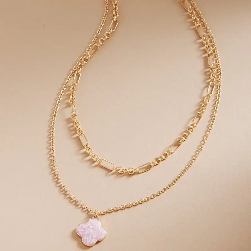 Floral Print Enamel Clover Layer Necklace