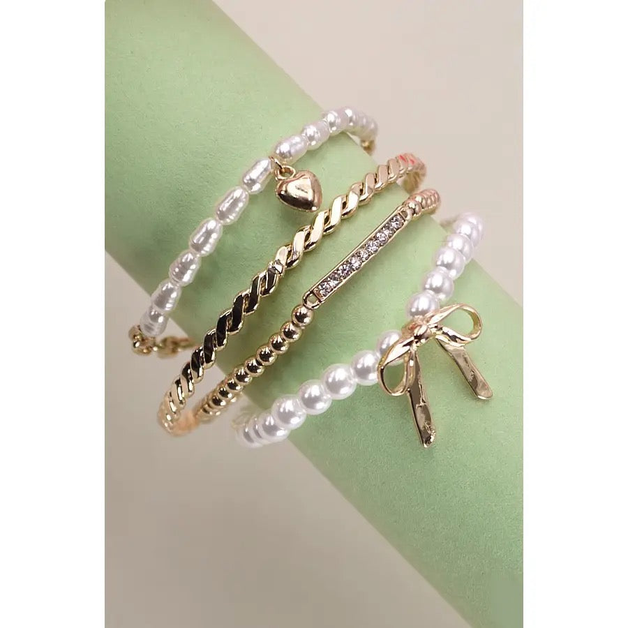 Bow Pearl Rhinestone Stretch Bangle Set