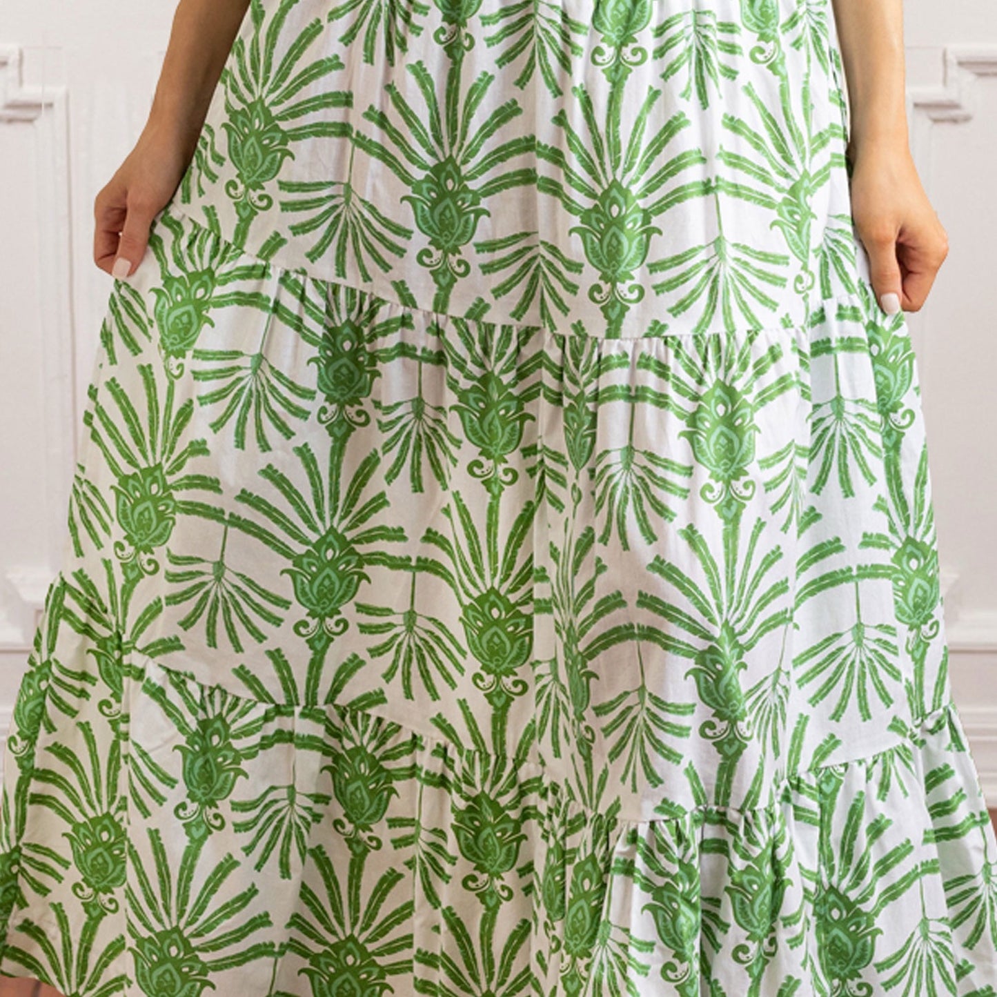 Green Deco Palm Smocked Flutter Sleeve Top & Skirt Set