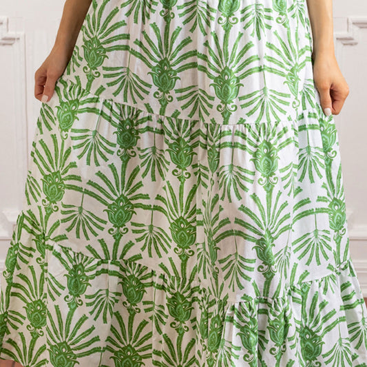 Green Deco Palm Smocked Flutter Sleeve Top & Skirt Set