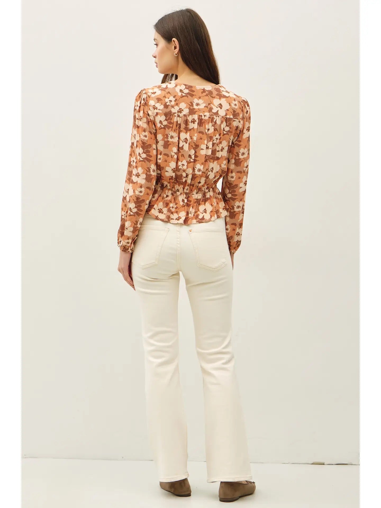 Boho Floral Print V-Neck Volume Sleeve Top