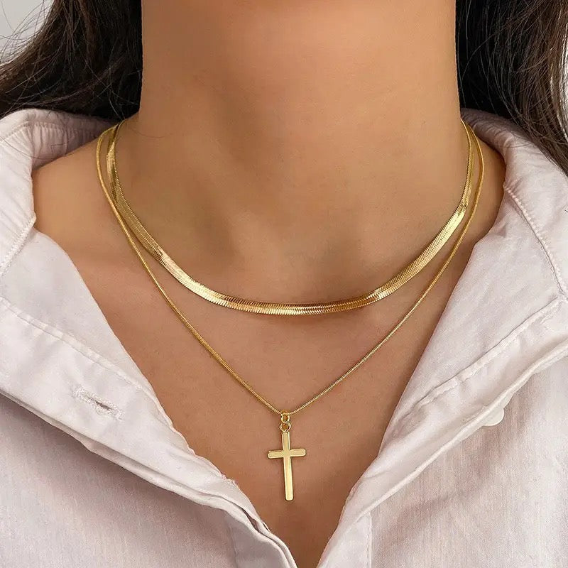 Double Layer Snake Chain Cross Necklace