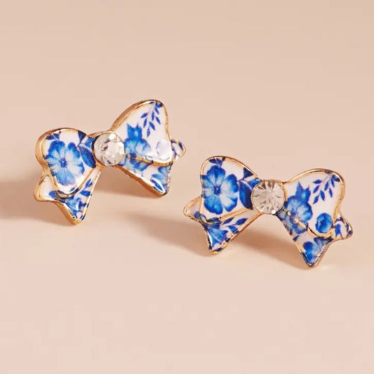Blue Floral Enamel Bow Earrings