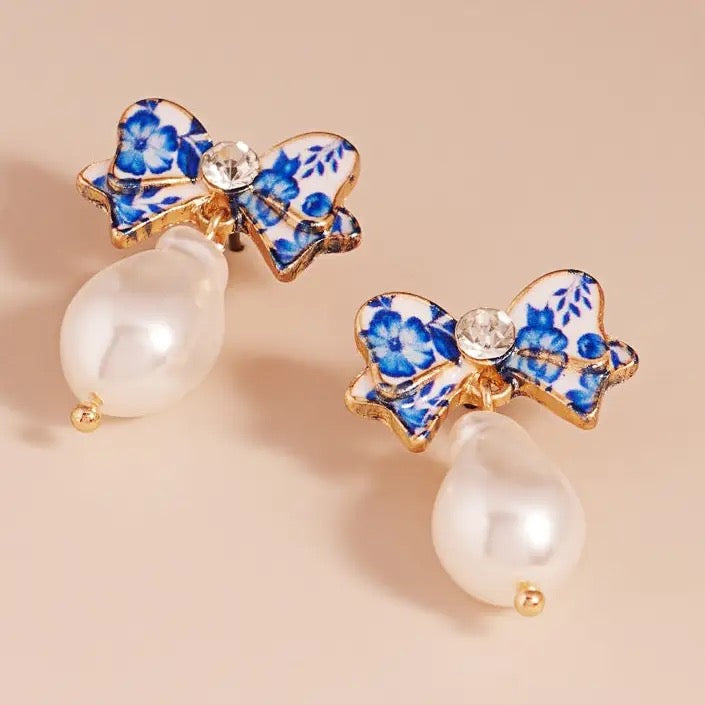 Blue Floral Print Bow/Pearl Drop Earrings