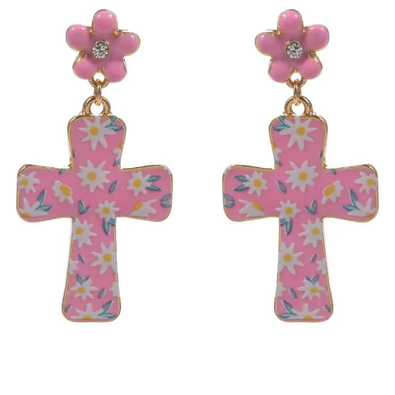 Spring Enamel Cross Dangle Earrings