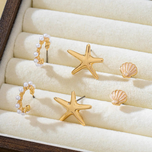 Nautical Shell Pearl Trio Earring Set