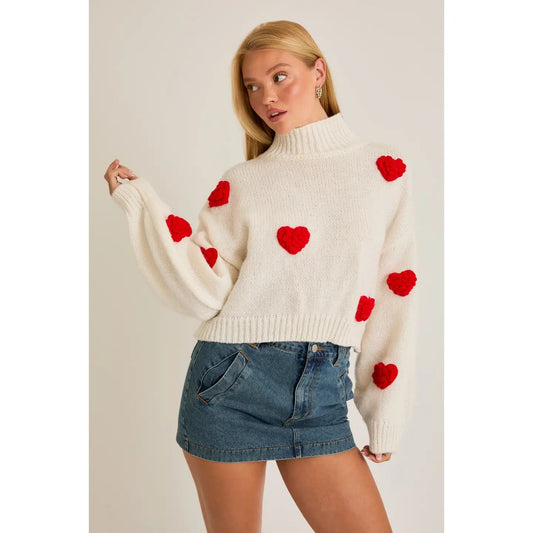 3D Heart Mock Neck Sweater Top