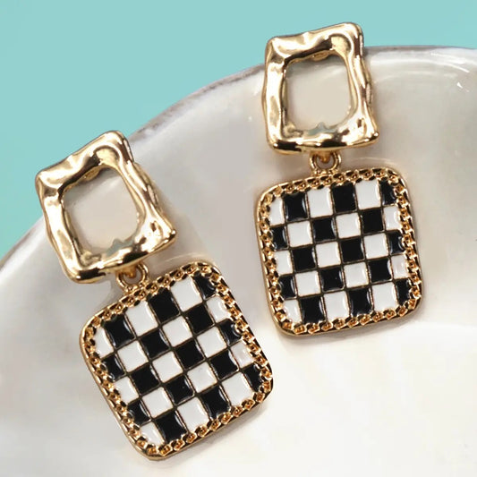 Square Checkered Drop Earrings