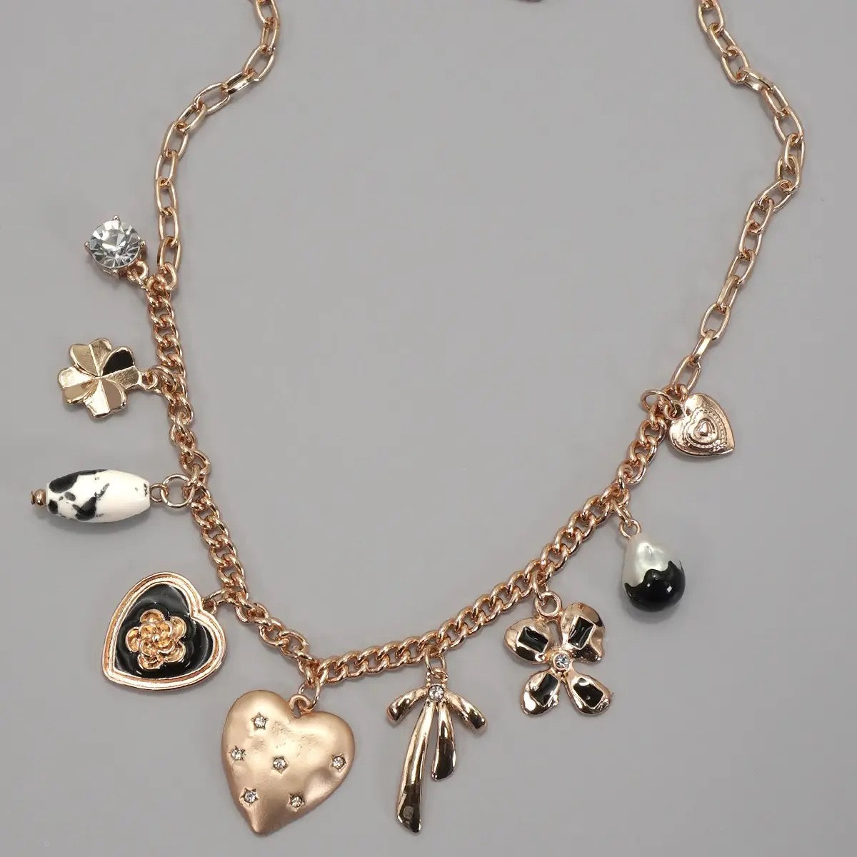 Heart Bow Pearl Flower Charm Necklace