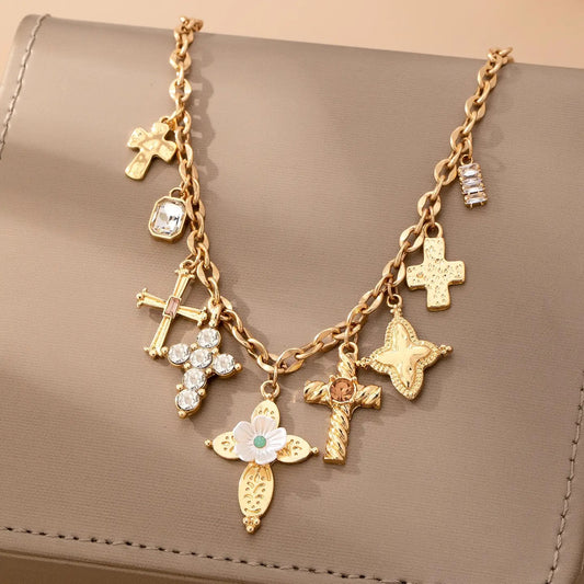 Gold Multi Cross Charm Necklace