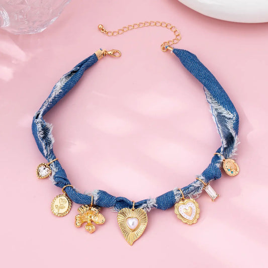Distressed Denim Heart Charm Necklace