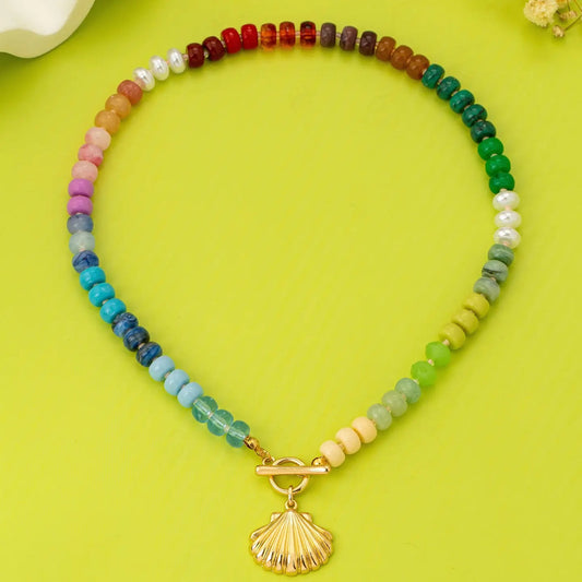 Rainbow Beaded Seashell Charm Necklace
