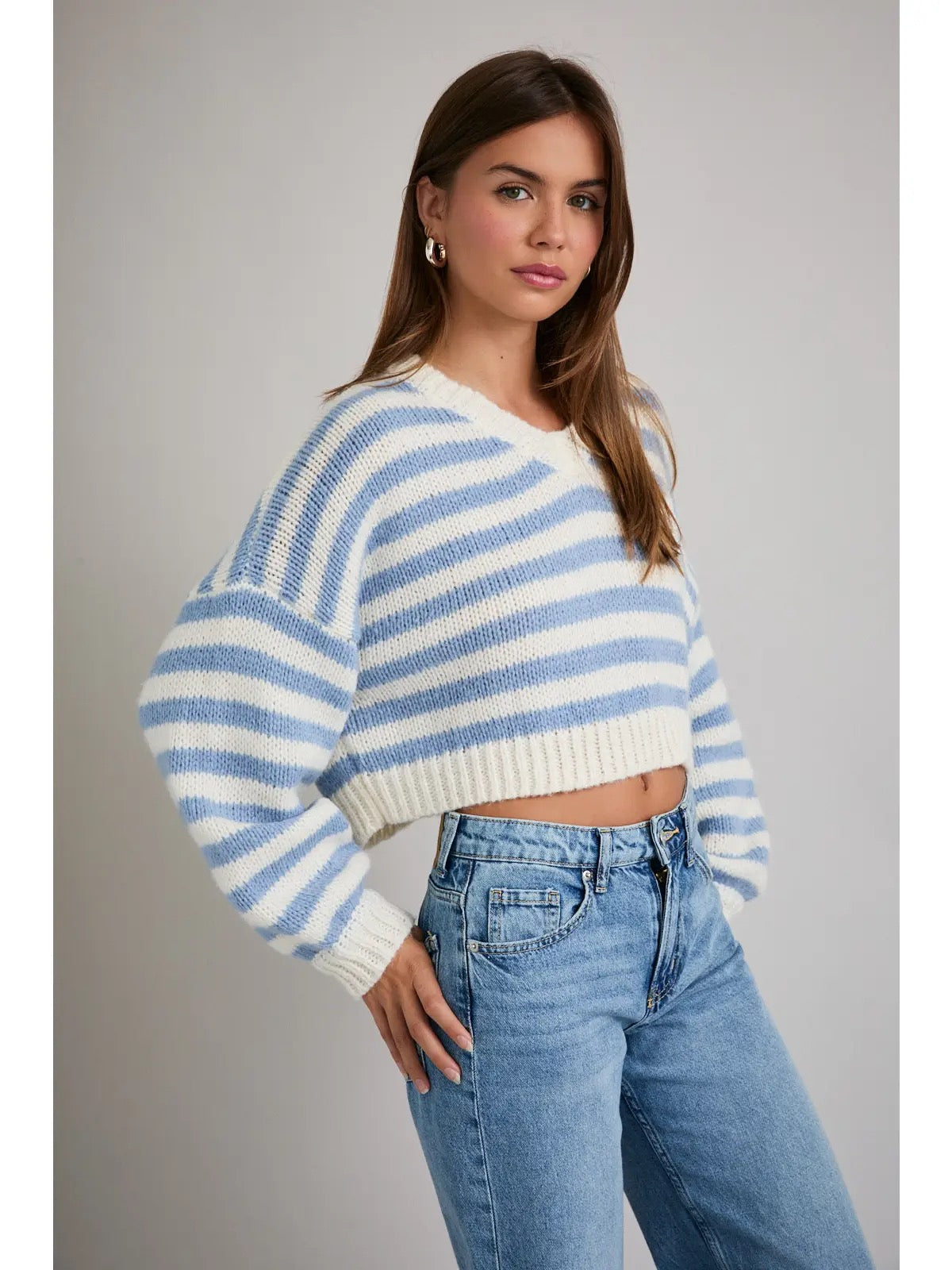 Blue & White Striped Cropped Sweater
