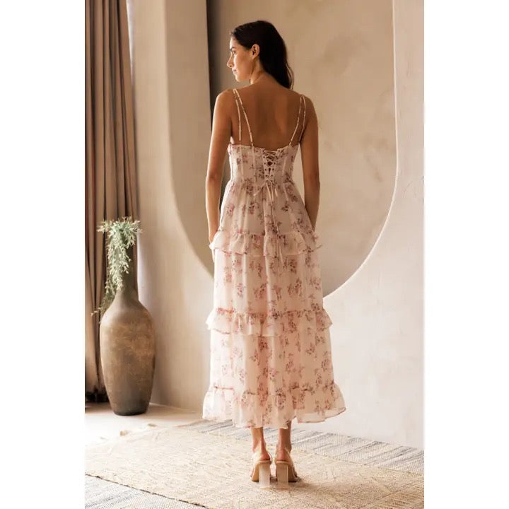 Rose Pink Floral Tiered Maxi Dress