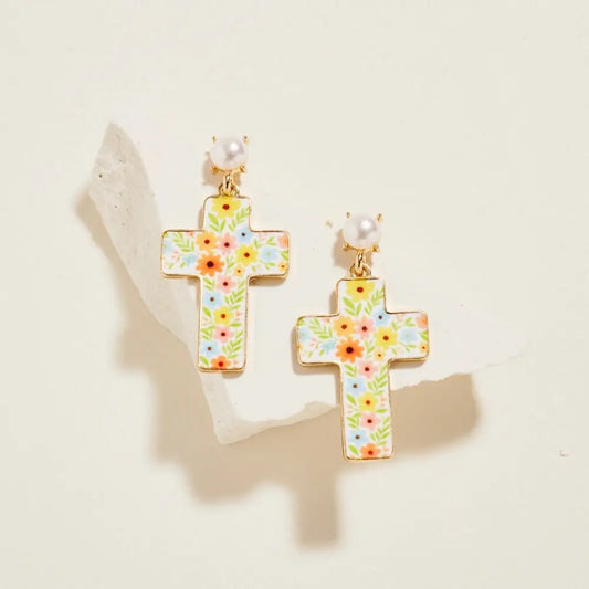 Multi Floral Pattern Cross Pearl Earrings