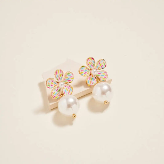 Colorful Flower Pattern Pearl Earrings