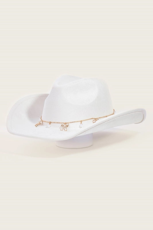 White Cowboy Hat with Bow & Pearl Western Chain