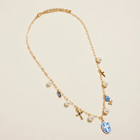 Floral Cross Pearl Charm Necklace