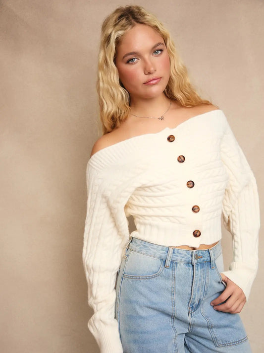Off Shoulder Ivory Button Down Sweater Top