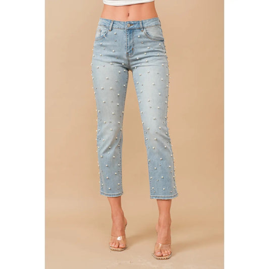 Mid Rise Rhinestone and Jewel Denim Jeans