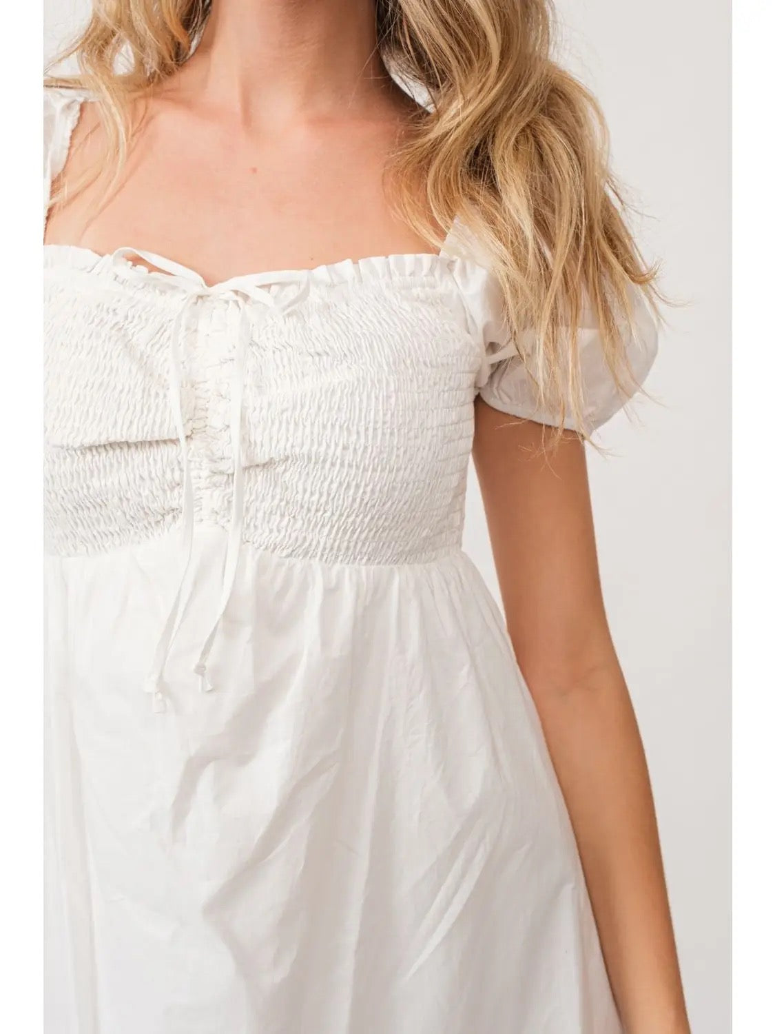 Ivory Smocked Torso Puff Sleeve Babydoll dress