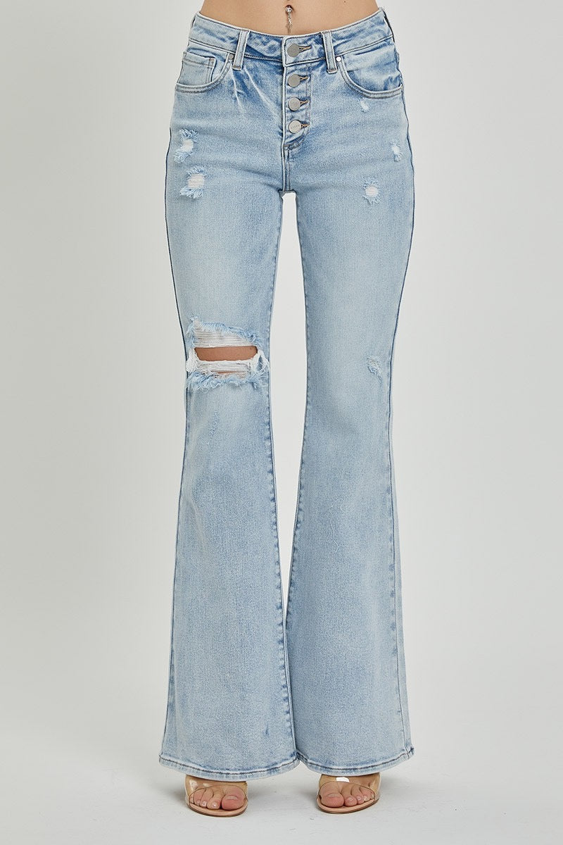 Risen Mid Rise Flare Button Down Jeans