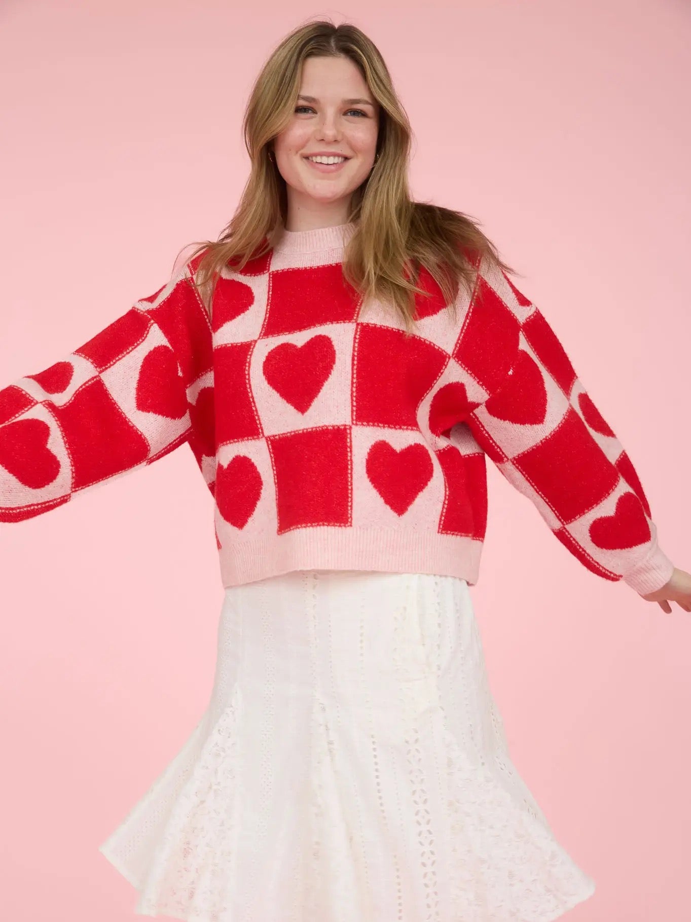 Red Checkered Heart Crew Neck Sweater