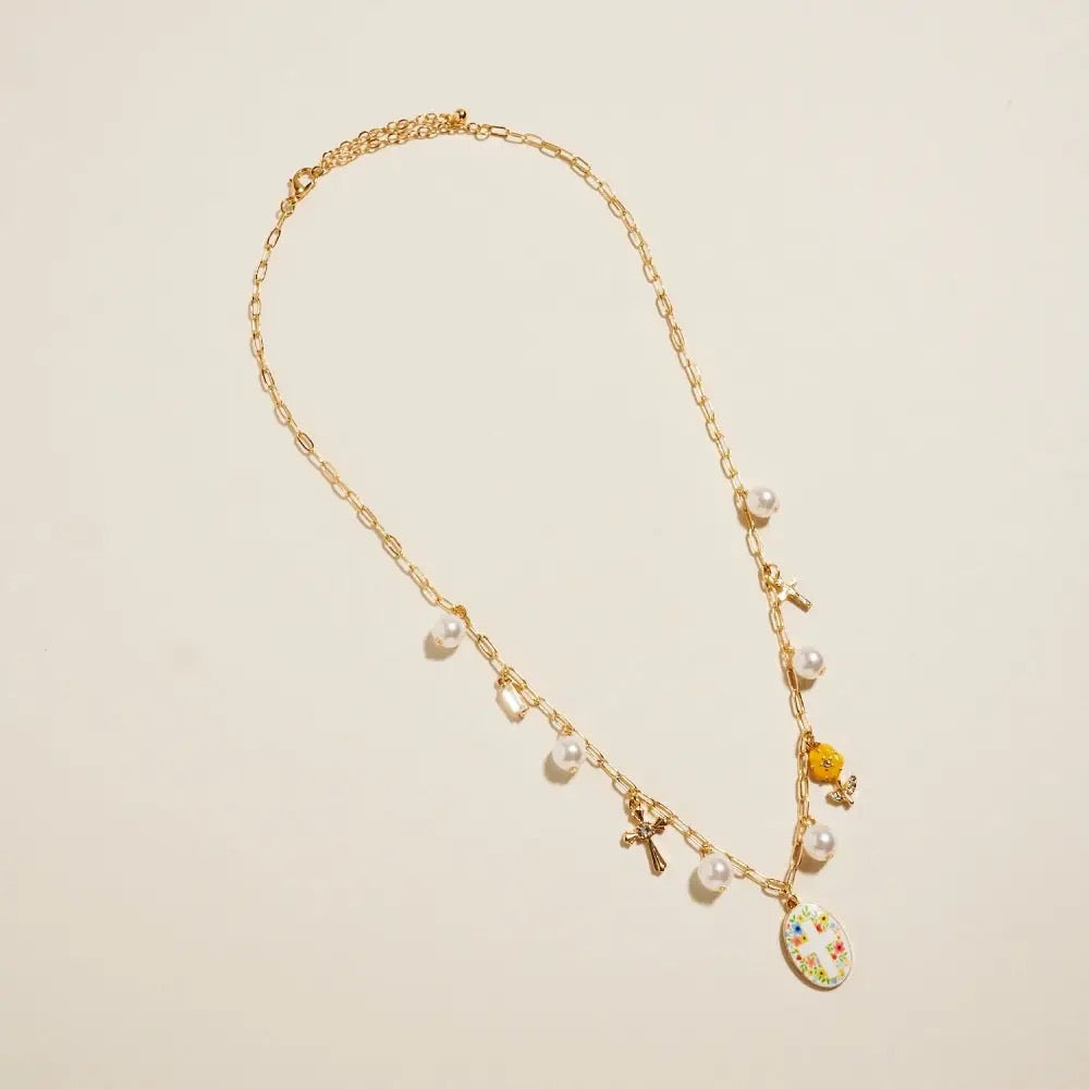 Floral Cross Pearl Charm Necklace