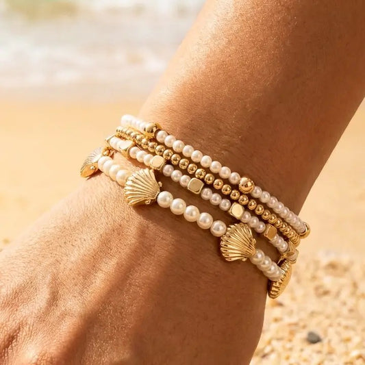 Pearl Beaded & Seashell Charm Stretch Bracelet
