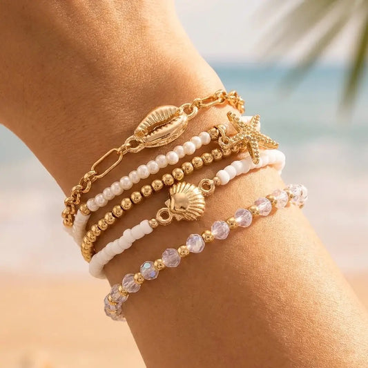 Starfish & Cowrie Shell Mixed Pearl Stack Bracelet