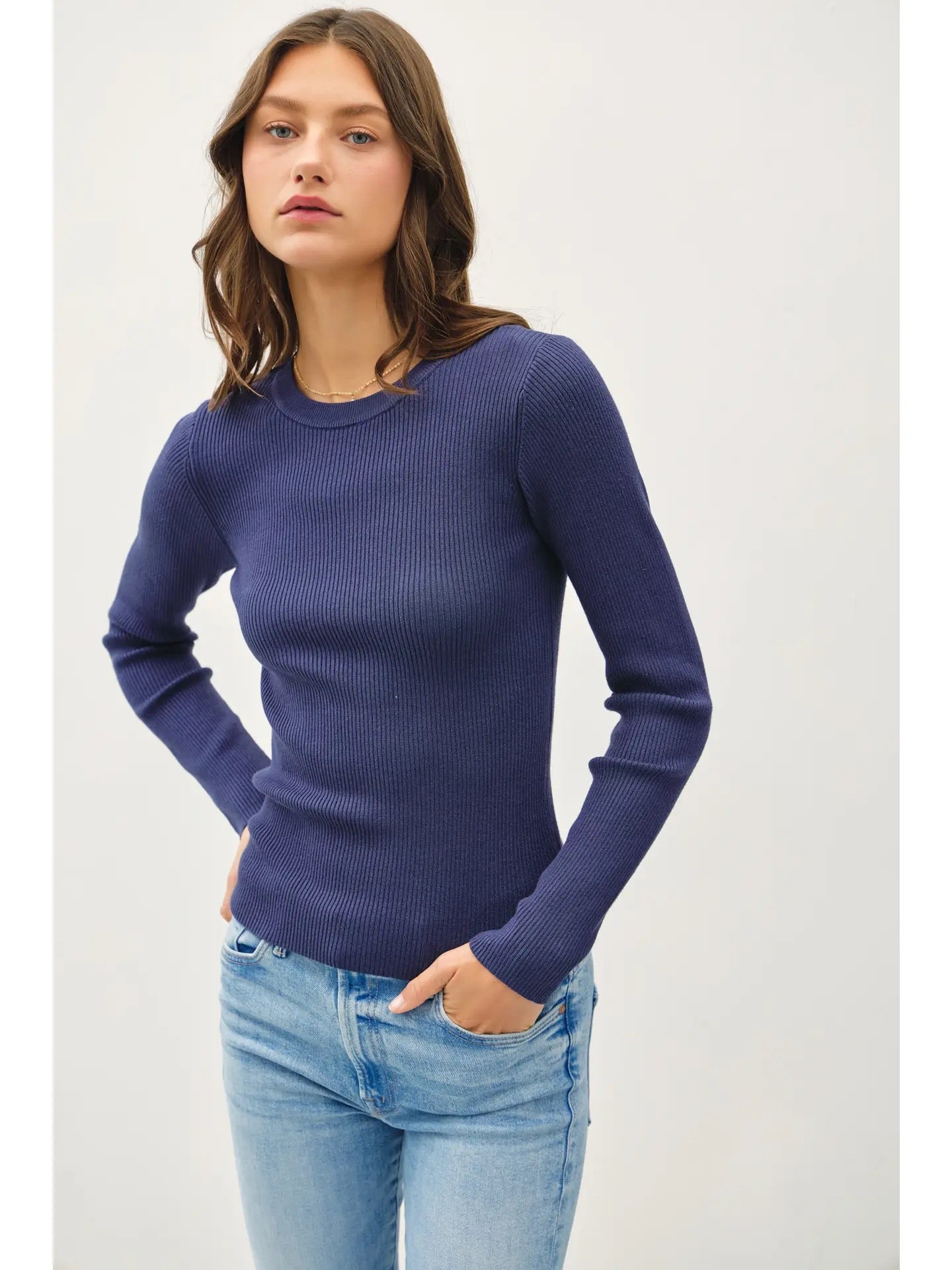 Blue Classic Crewneck Ribbed Long Sleeve Top