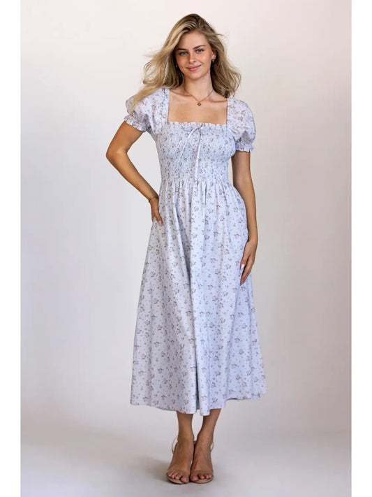 Blue Floral Smocked Puff Sleeve Midi Dress