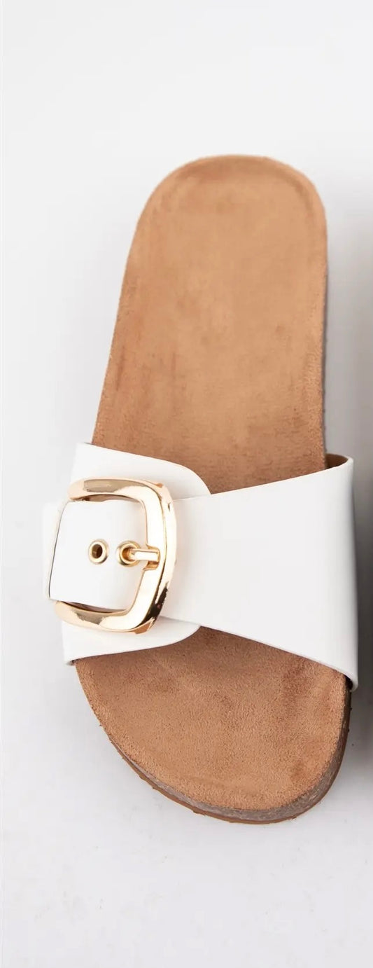 White Cork Sandal With Gold Buckle