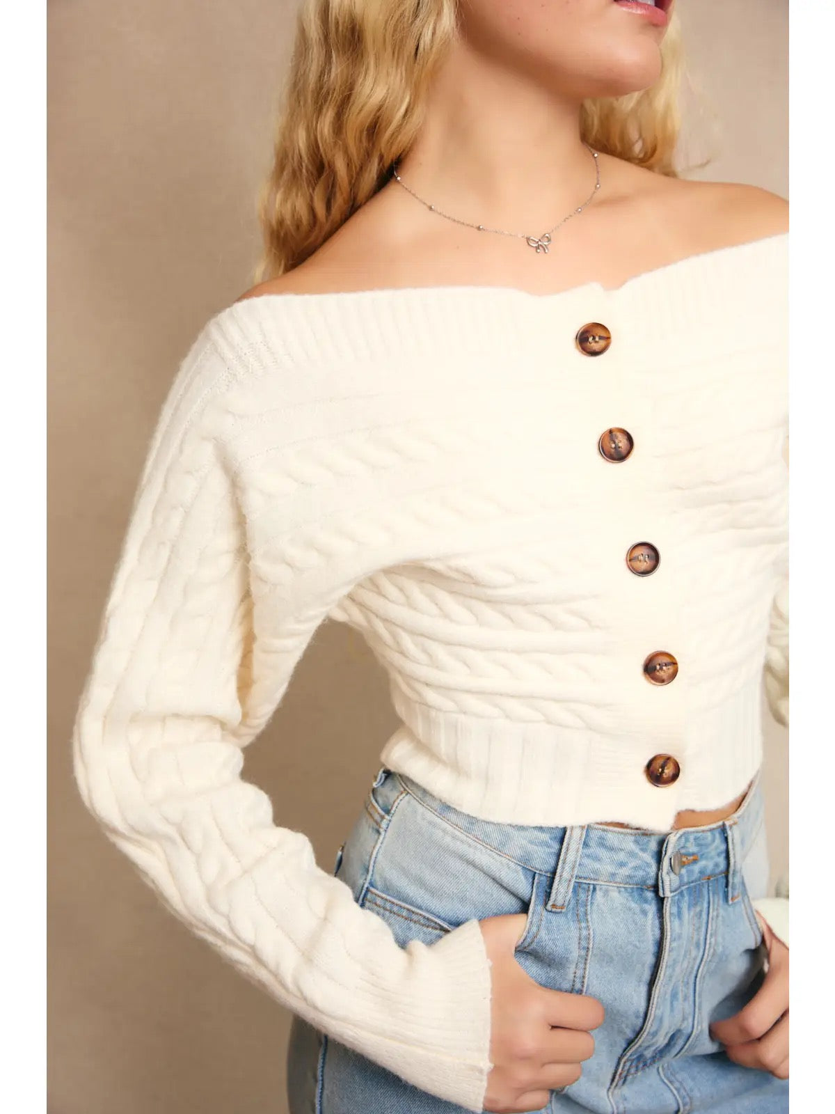 Off Shoulder Ivory Button Down Sweater Top