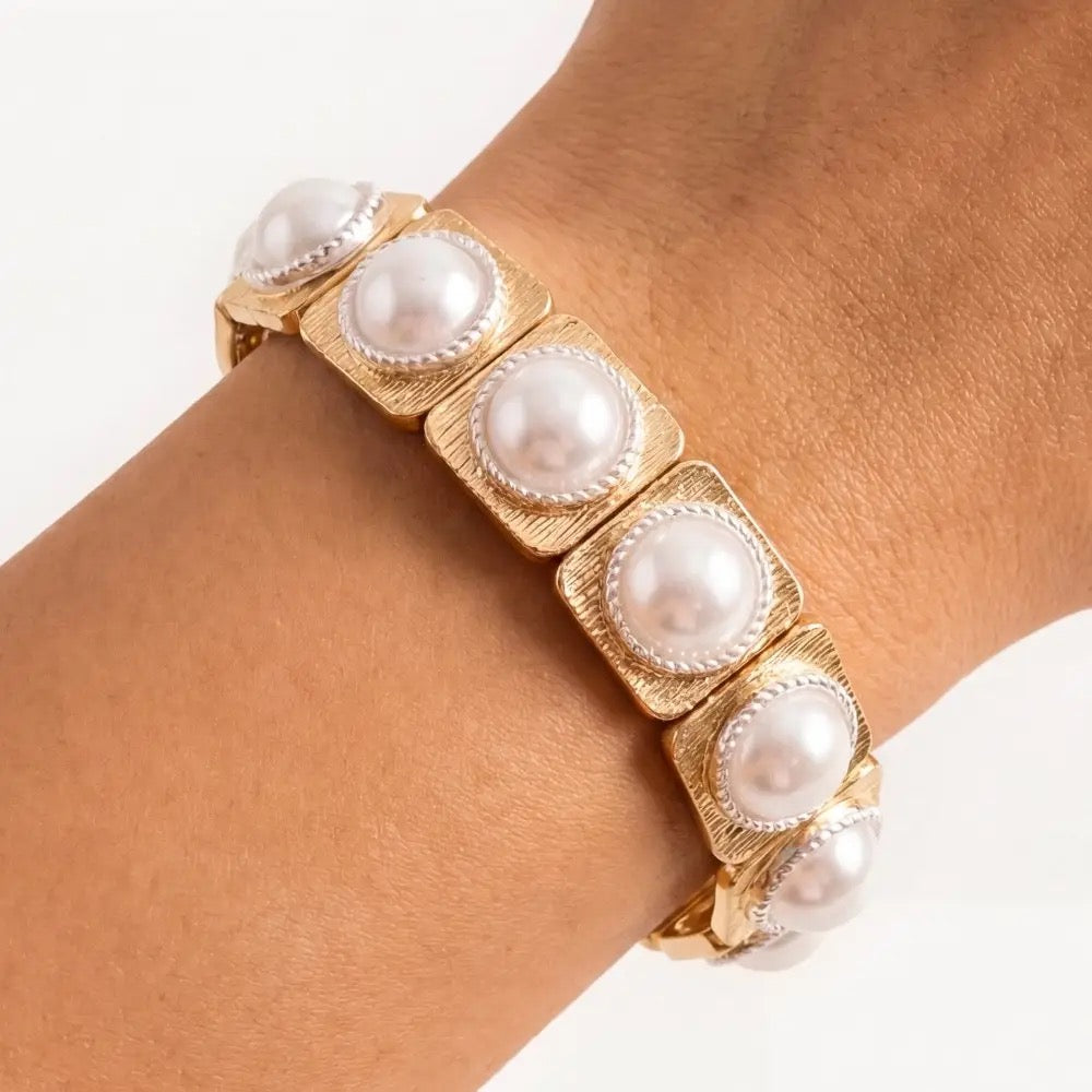 Square Tile Pearl Stretch Bracelet