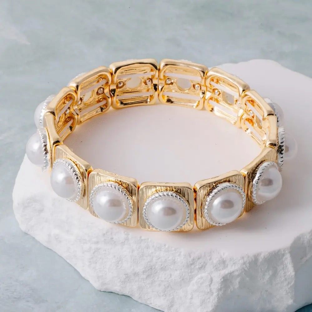 Square Tile Pearl Stretch Bracelet