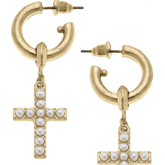 Pearl Studded Cross Drop Hoop Earrings
