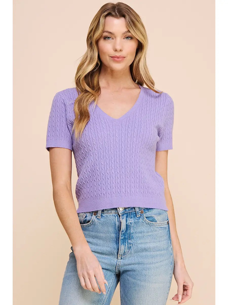 Iris Cable Knit V-Neck Short Sleeve Top