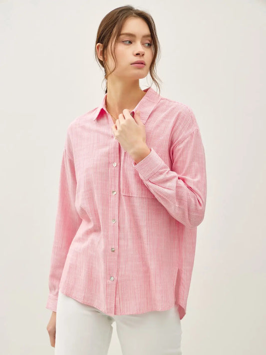 Coral Pinstripe Button Up Top