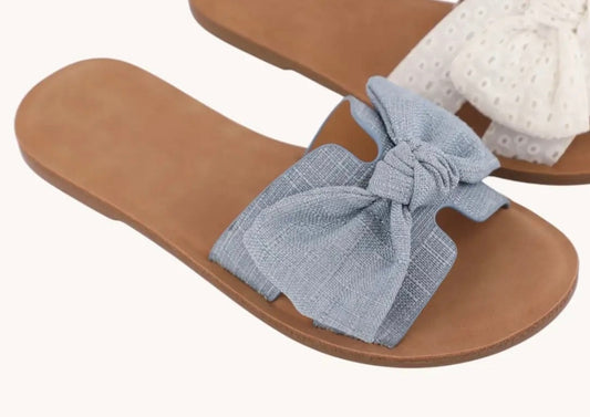 Blue Linen Bow Sandals
