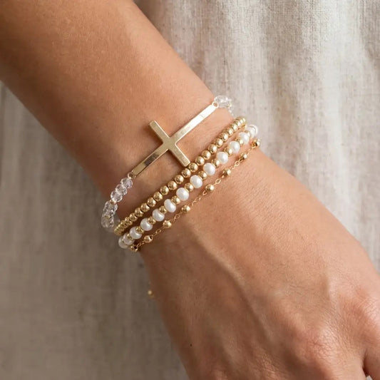 Cross Charm & Pearl Metallic Beaded Bracelet