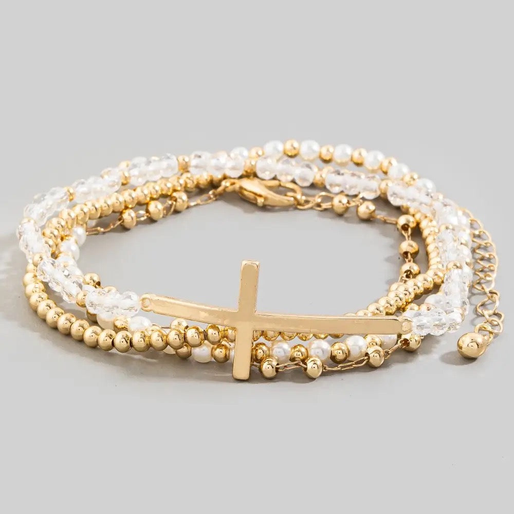 Cross Charm & Pearl Metallic Beaded Bracelet